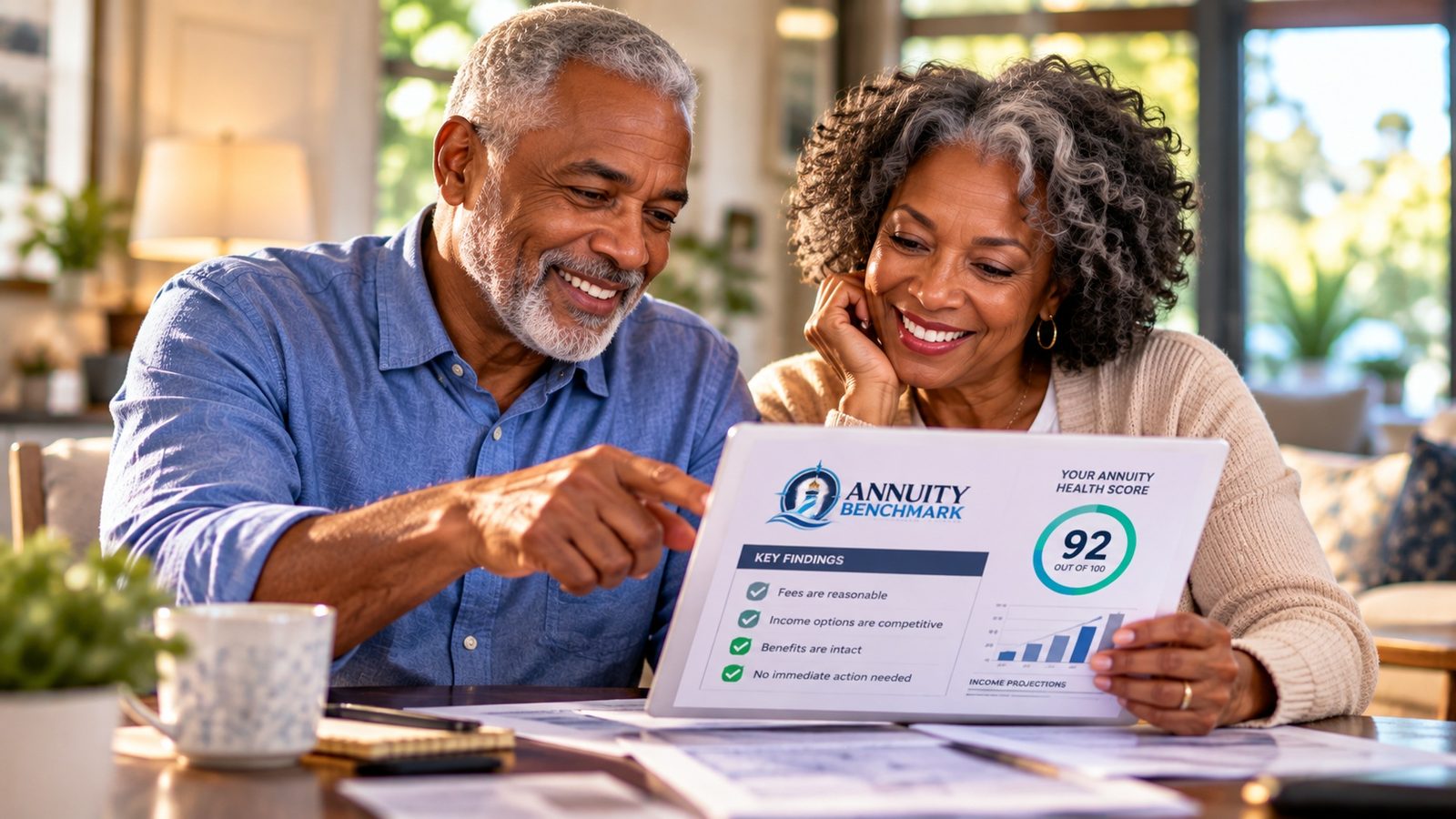 A retired couple smiling as they review their Annuity Benchmark report on a tablet